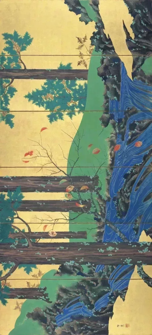 《夏秋草屏風圖》,鈴木其一。紙本 金地設色日本根津美術館藏