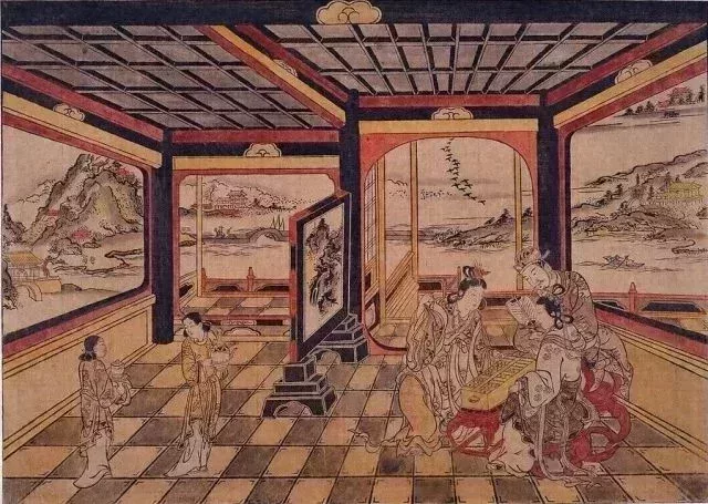 奧村政信(1686~1764) 《唐人館之圖》此圖即“浮繪”, 木版墨刷設色。 空間和色調處理模仿姑蘇版畫痕跡極明顯