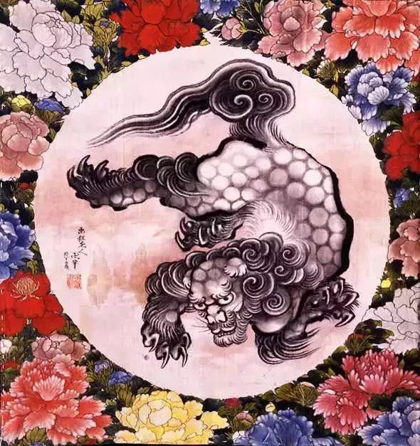 唐獅子圖,天保15年(1844年),北齋84歲時作品。花團錦簇的鮮花裝飾出自北齋女兒葛飾應爲之手