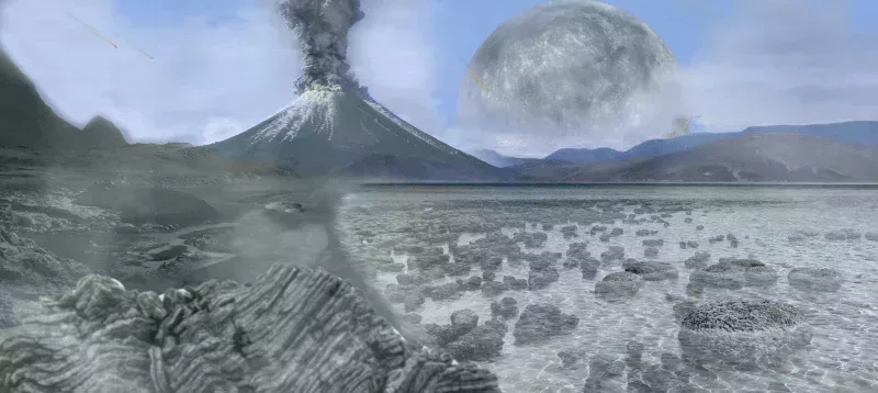 太古宙時地球的模樣,注意右邊淺海里的疊層石,那是很漫長的一段時間裏,地球上藍細菌的“家” | Tim Bertelink