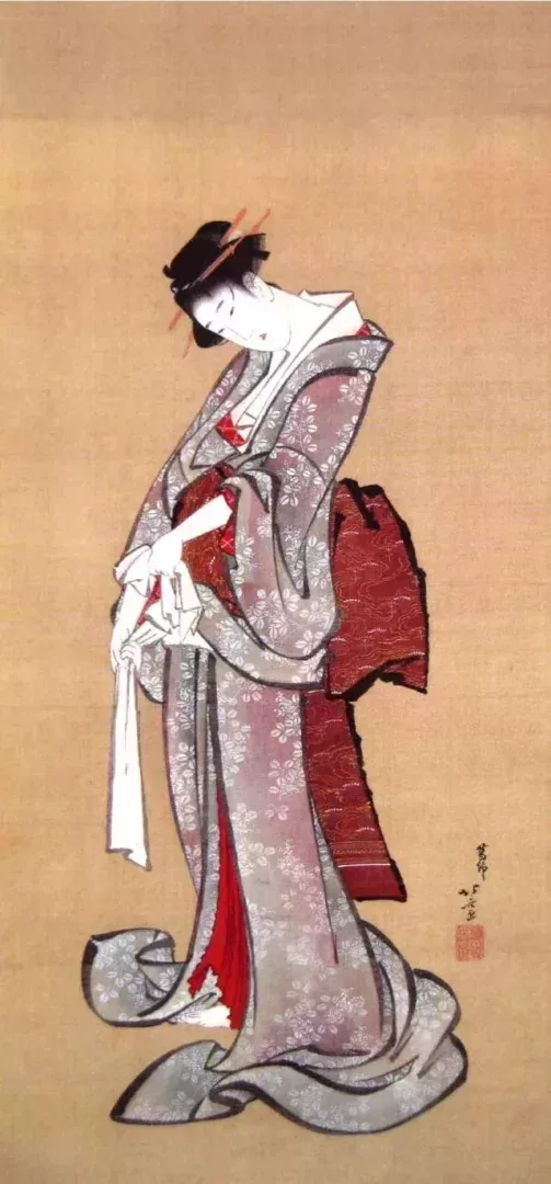 落款“葛飾北齋”,文化(1804~1818)年間作品。肉筆畫,絹本設色。