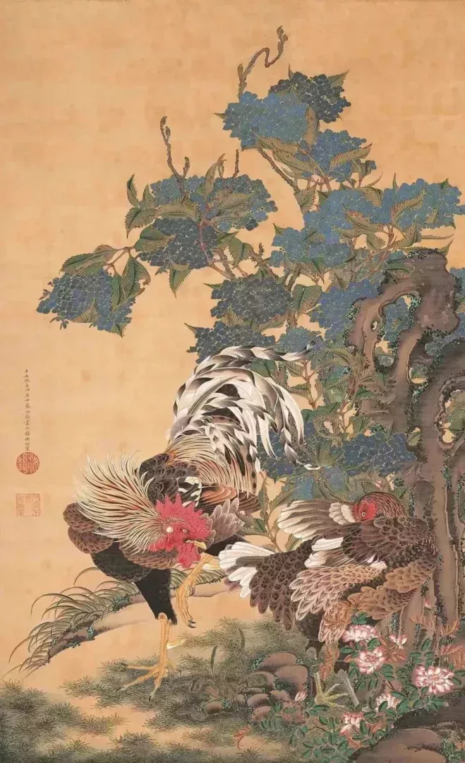 《紫陽花雙雞圖》,伊藤若衝美國Joe D. Price藏品