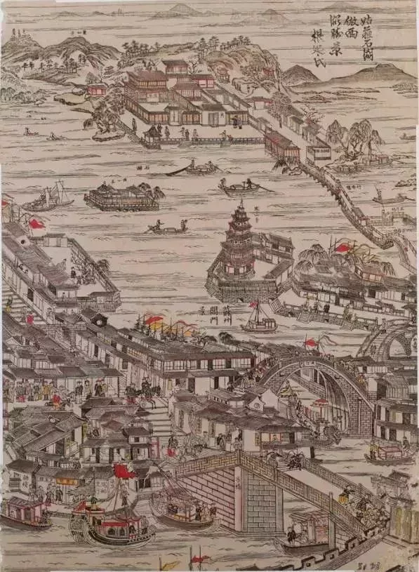 日本畫師模仿姑蘇版畫而製作的版畫《姑蘇石湖》