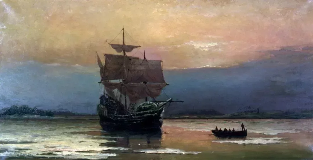 五月花號在普利茅斯港,William Halsall繪於1882年