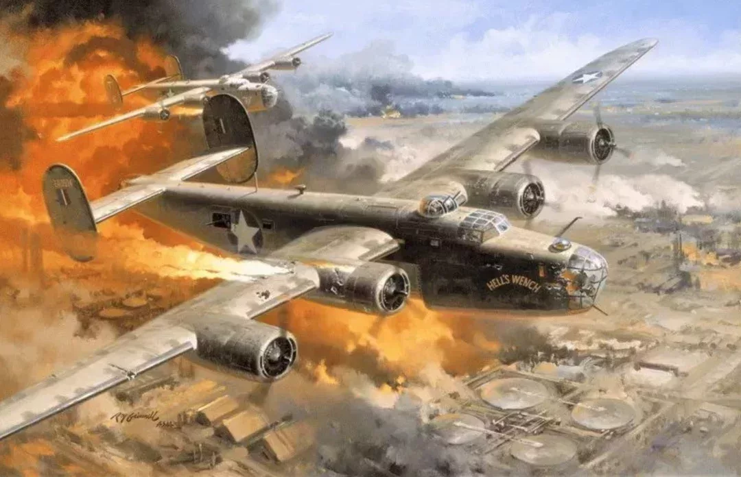 ◇ 圖爲正在轟炸羅馬尼亞普洛耶什蒂油田的B-24轟炸機
