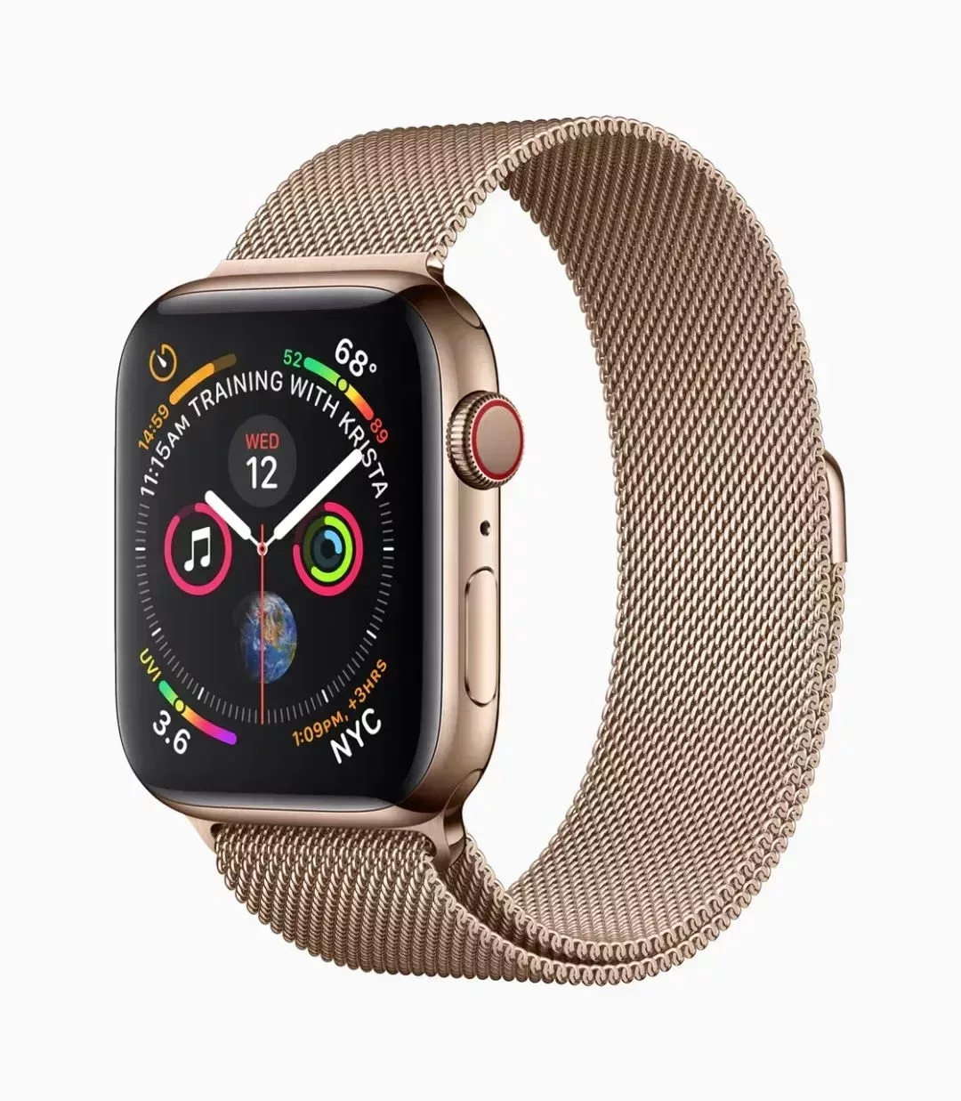 Apple Watch Series 4 現提供亮麗的全新金色不鏽鋼錶殼,搭配相稱的米蘭尼斯錶帶(圖源蘋果官網)