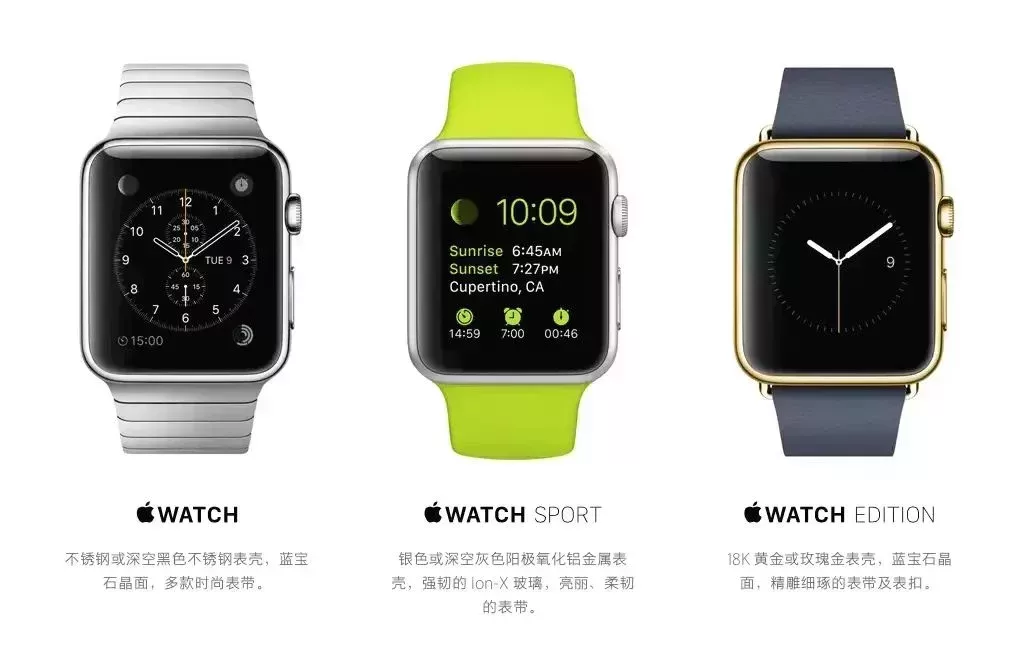 初代 Apple Watch 的三個系列,分別採用不鏽鋼、鋁合金、18K 金材質(圖源蘋果官網)