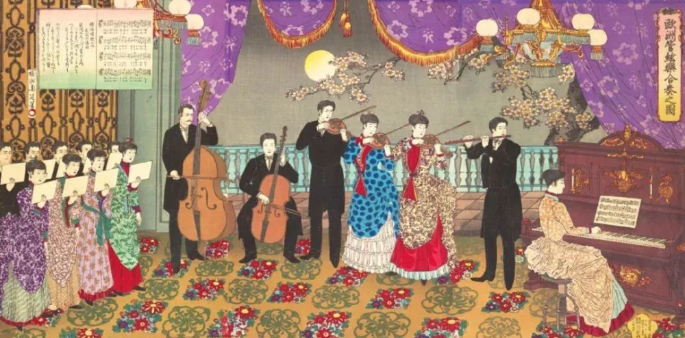 ◇ 圖爲明治維新時代,鹿鳴館中的貴族們在演奏欣賞西洋音樂