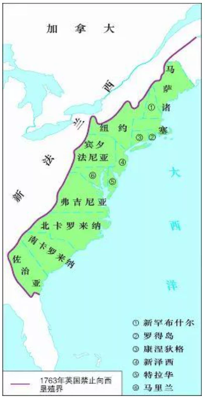 ◇ 圖爲英國在北美的十三塊殖民地